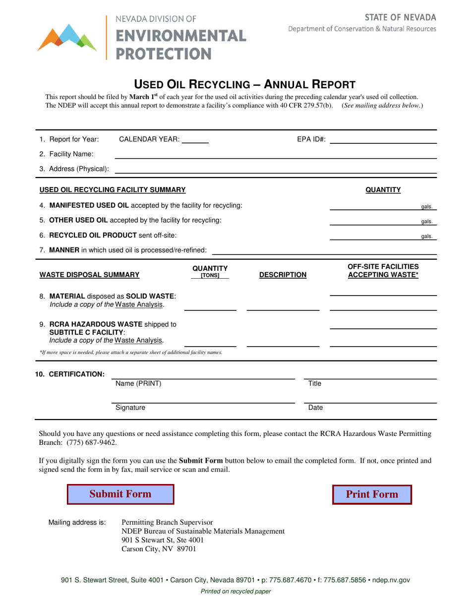 Used Oil Recycling - Annual Report - Nevada, Page 1