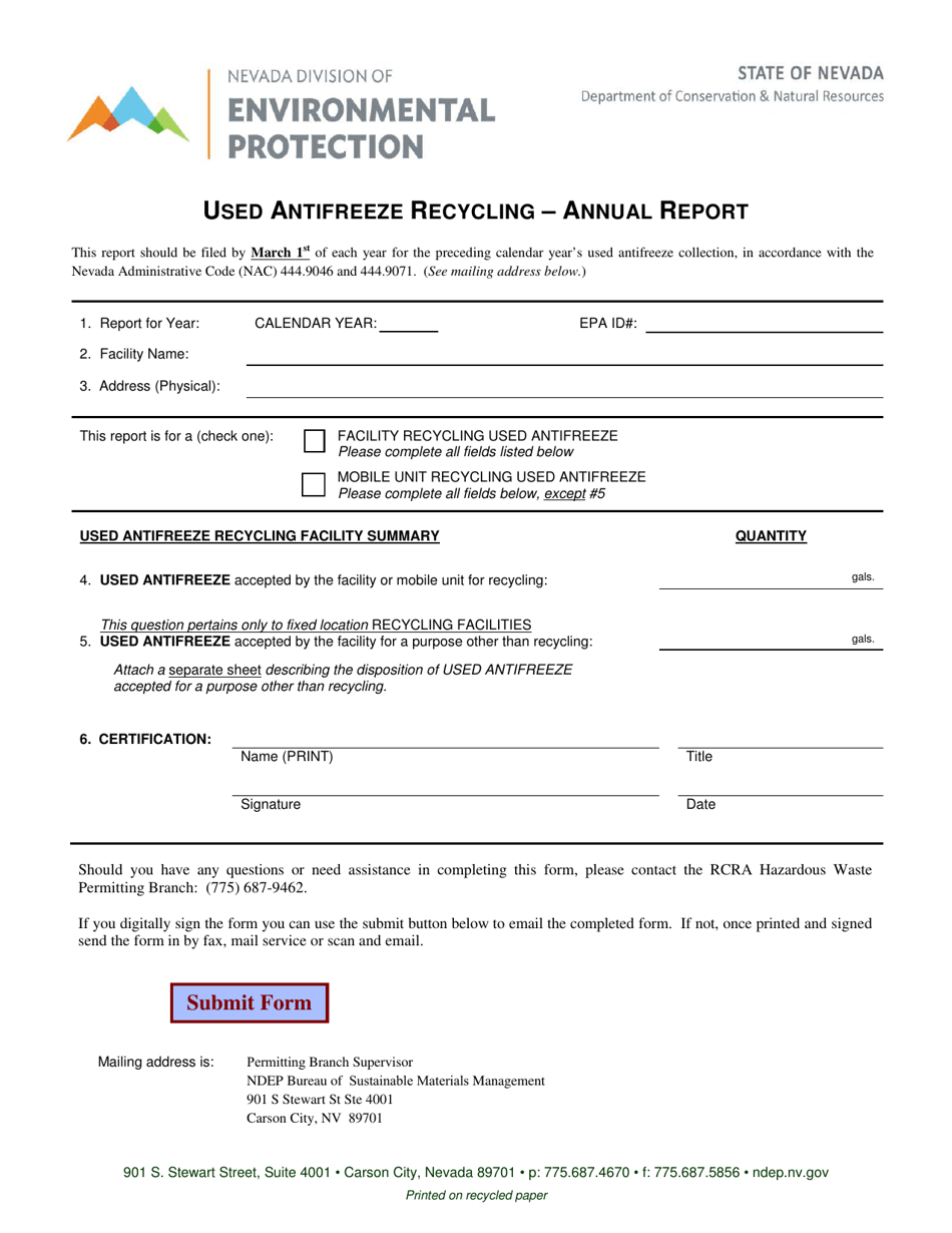 Used Antifreeze Recycling - Annual Report - Nevada, Page 1