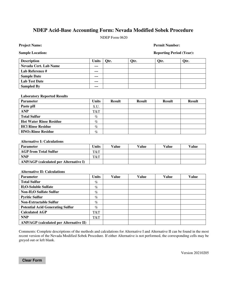 NDEP Form 0620 Ndep Acid-Base Accounting Form: Nevada Modified Sobek Procedure - Nevada, Page 1