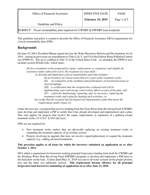 Fiscal Sustainability Plan Required for Cwsrf & Dwsrf Loan Recipients - Nevada