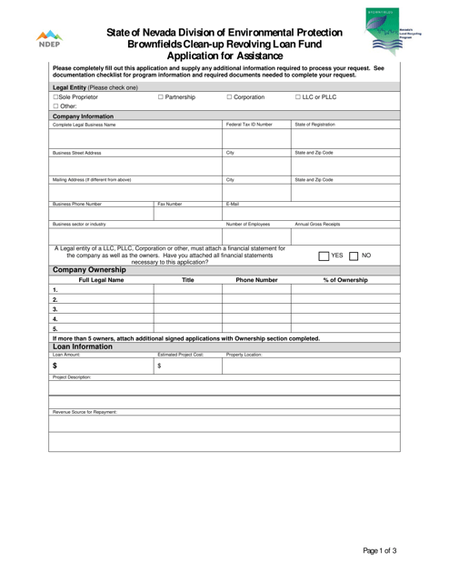 Brownfields Clean-Up Revolving Loan Fund Application for Assistance - Nevada Download Pdf