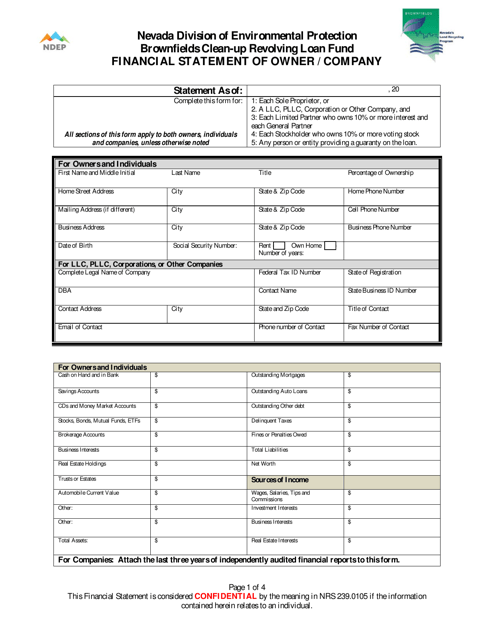 Financial Statement of Owner / Company - Brownfields Clean-Up Revolving Loan Fund - Nevada Download Pdf