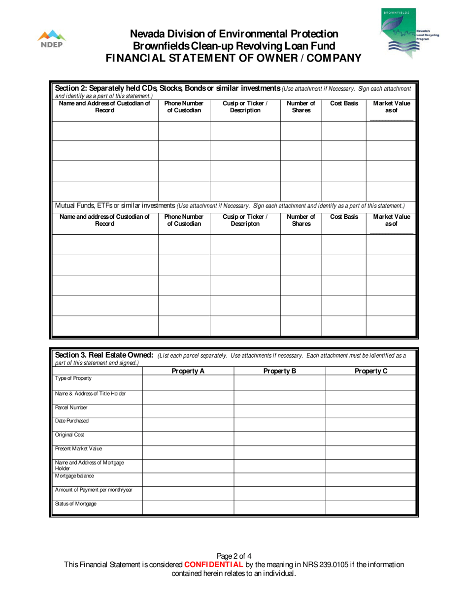 Financial Statement of Owner / Company - Brownfields Clean-Up Revolving Loan Fund - Nevada, Page 2