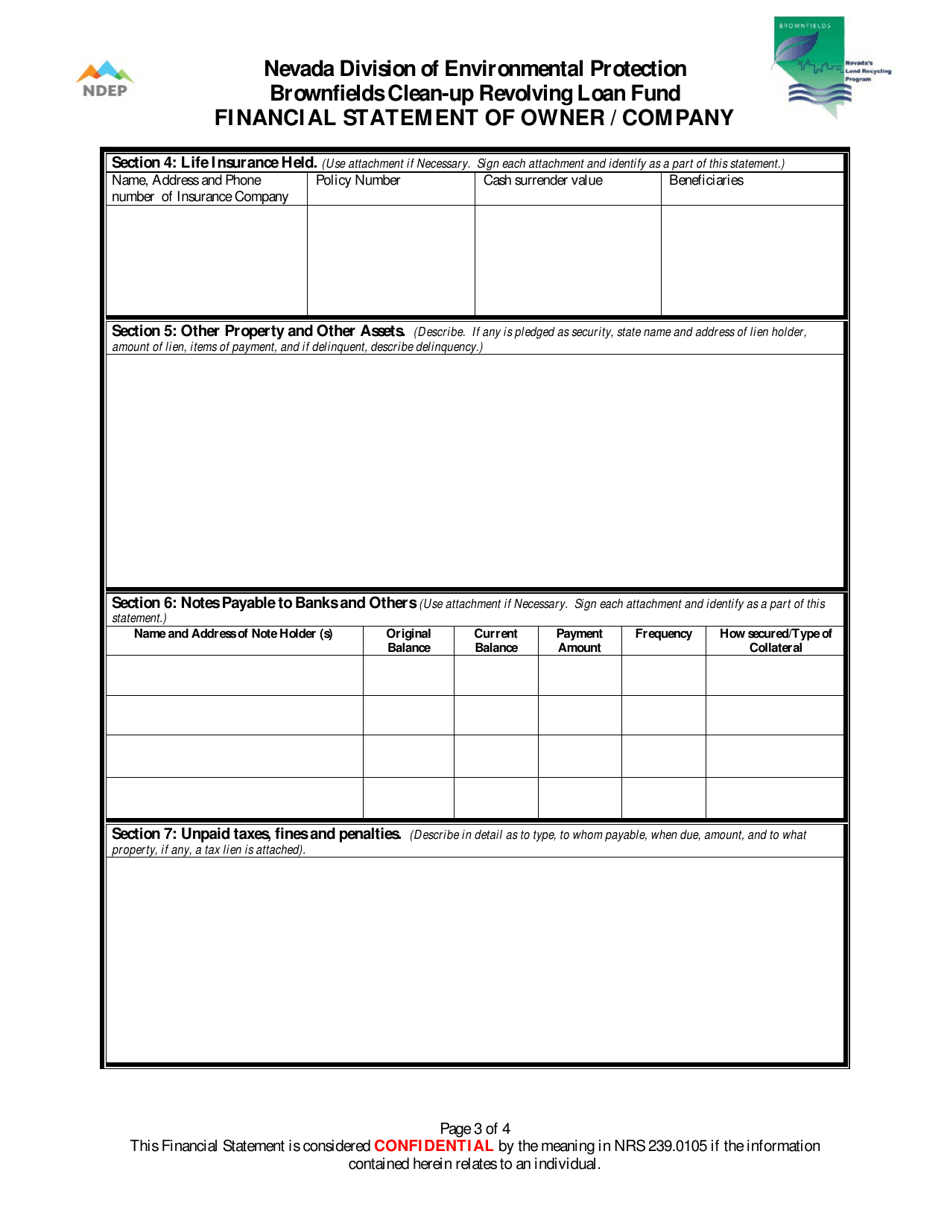 Financial Statement of Owner / Company - Brownfields Clean-Up Revolving Loan Fund - Nevada, Page 3