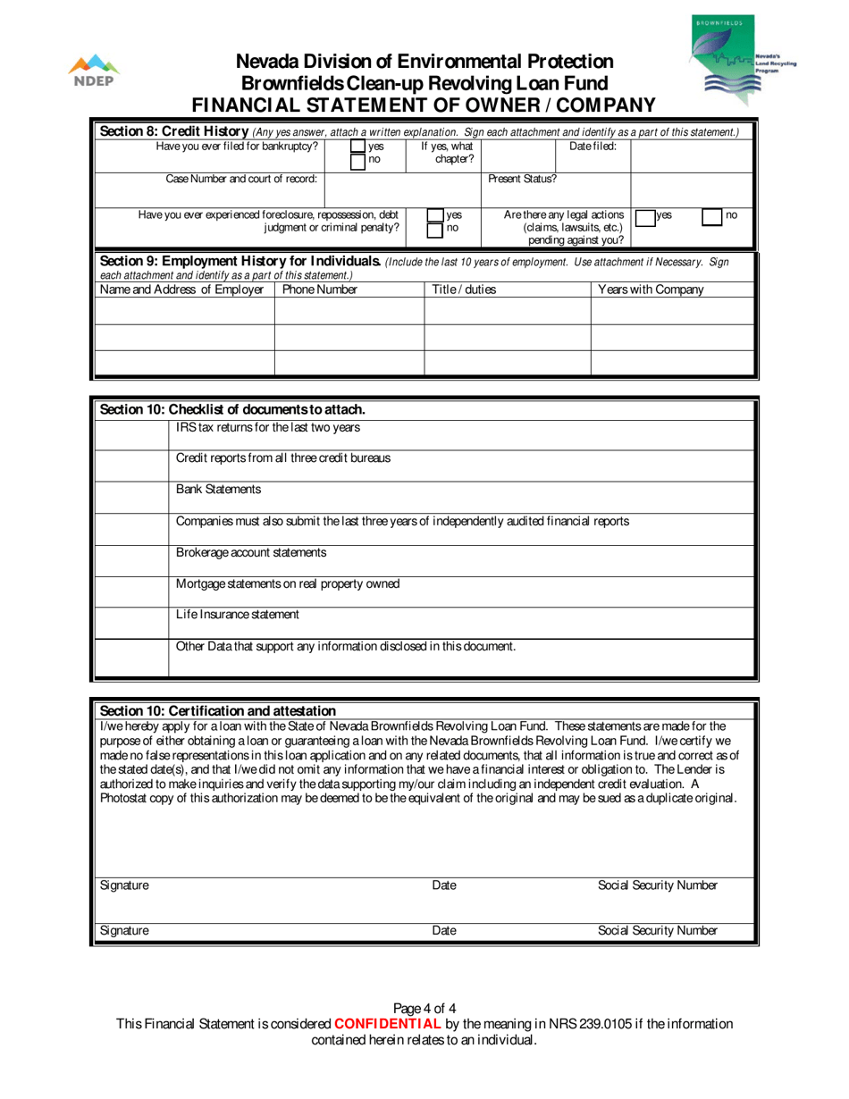 Financial Statement of Owner / Company - Brownfields Clean-Up Revolving Loan Fund - Nevada, Page 4