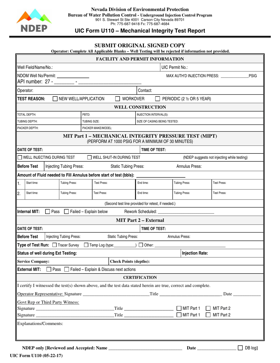 UIC Form U110 Mechanical Integrity Test Report - Nevada, Page 1