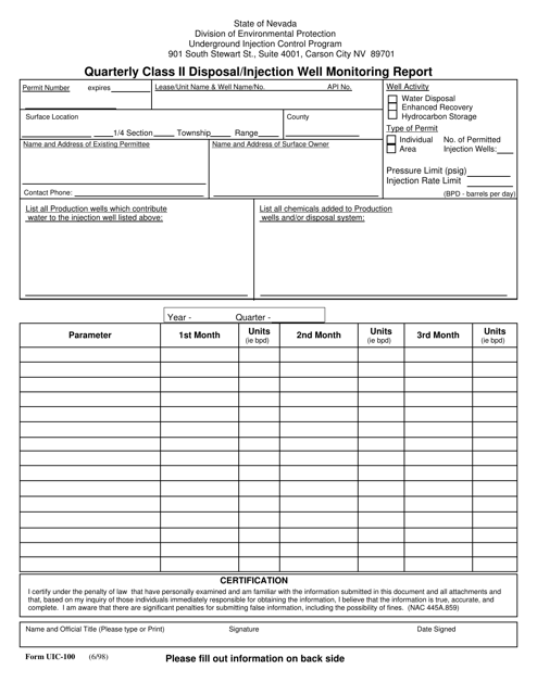 Form UIC-100 Quarterly Class II Disposal/Injection Well Monitoring Report - Nevada