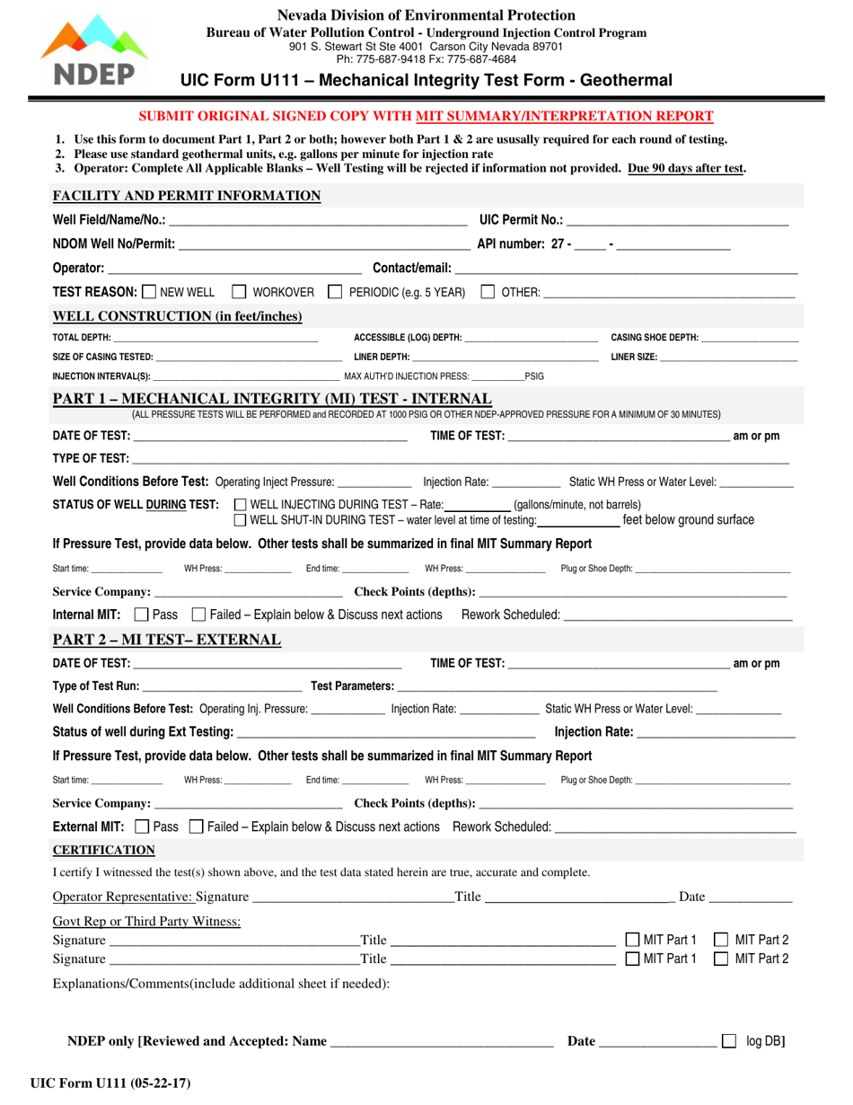 UIC Form U111 Mechanical Integrity Test Form - Geothermal - Nevada, Page 1