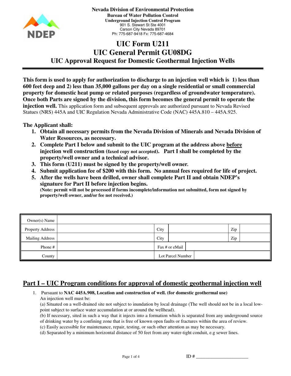 UIC Form U211 Uic Approval Request for Domestic Geothermal Injection Wells - Nevada, Page 1