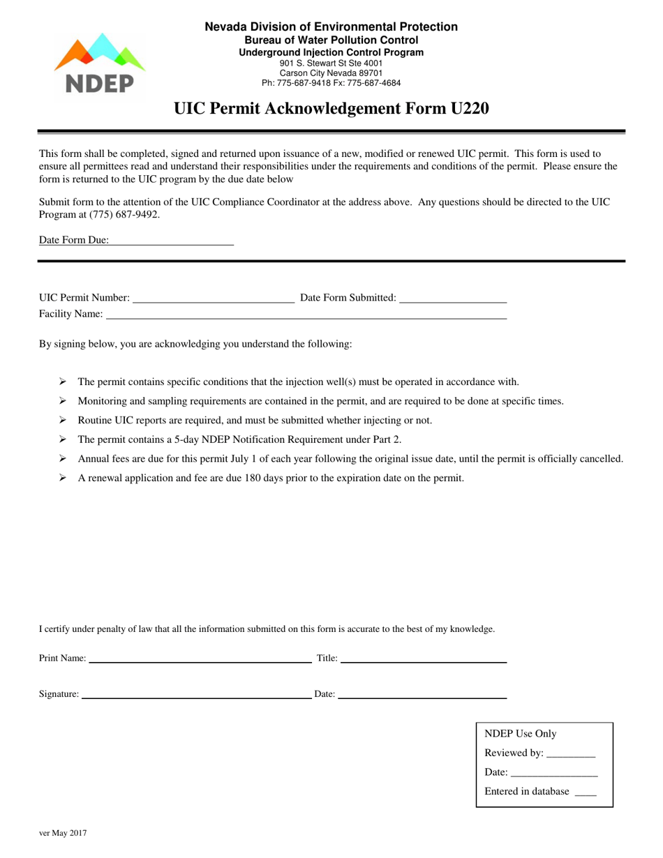 Form U220 Uic Permit Acknowledgement - Nevada, Page 1