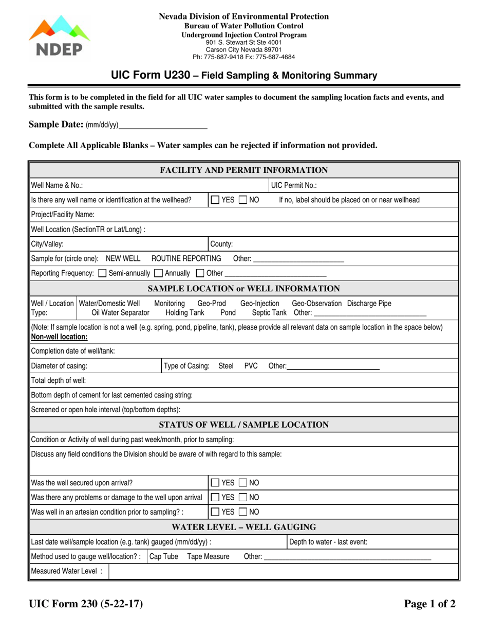 UIC Form 230 Field Sampling  Monitoring Summary - Nevada, Page 1