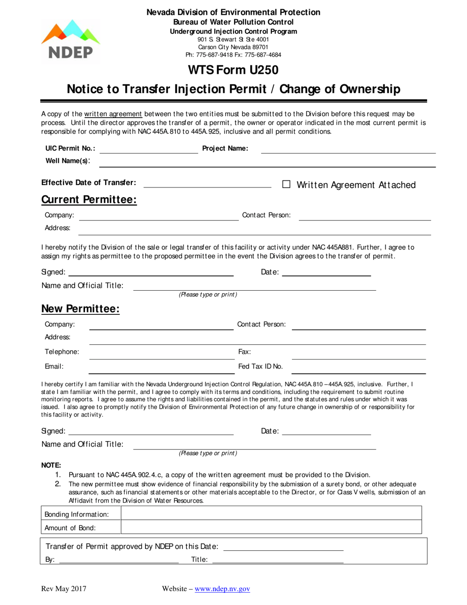Form U250 Notice to Transfer Injection Permit / Change of Ownership - Nevada, Page 1