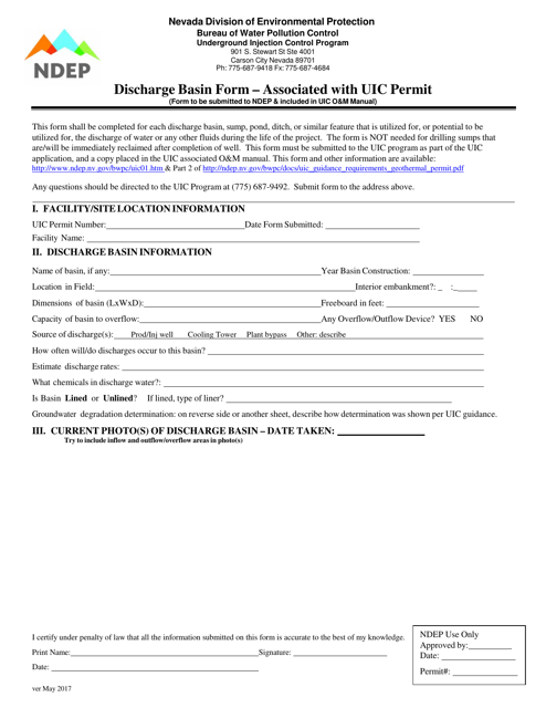 Discharge Basin Form - Associated With Uic Permit - Nevada Download Pdf
