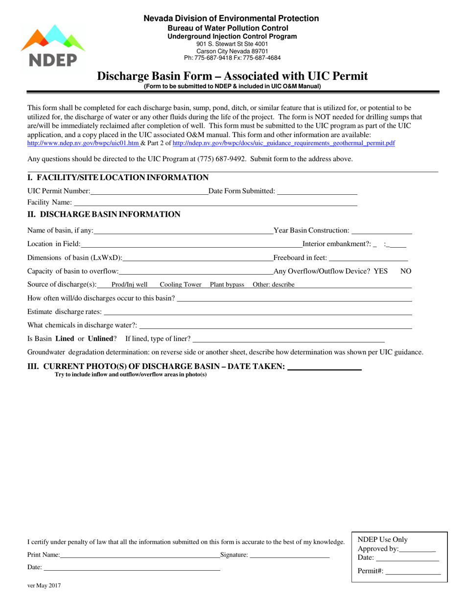 Discharge Basin Form - Associated With Uic Permit - Nevada, Page 1