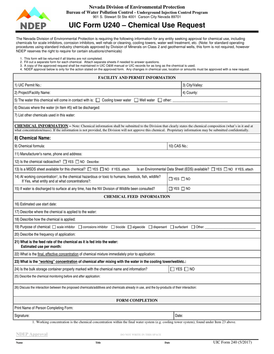UIC Form U240 Chemical Use Request - Nevada, Page 1