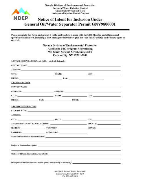 Notice of Intent for Inclusion Under General Oil / Water Separator Permit Gnv9800001 - Nevada Download Pdf