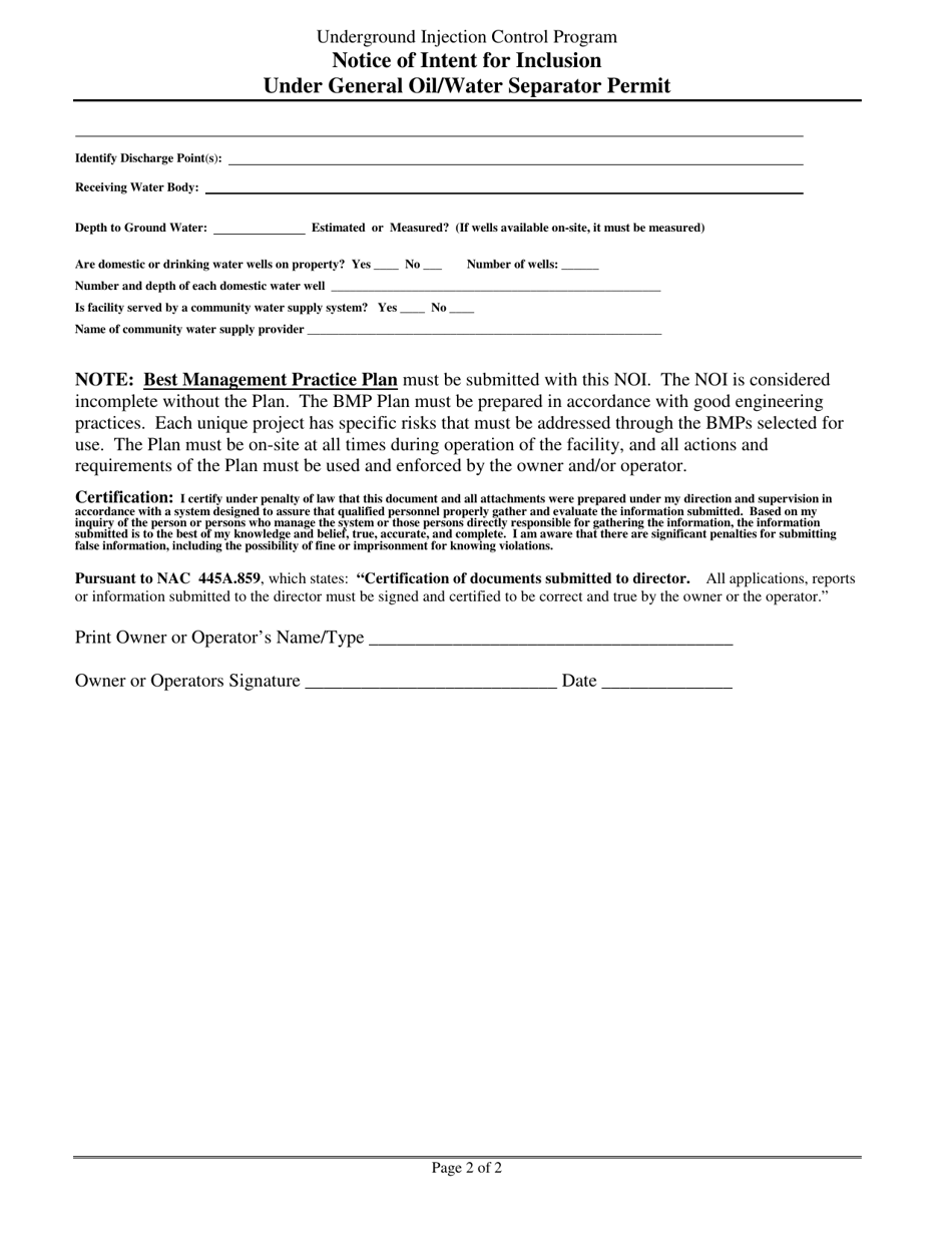 Notice of Intent for Inclusion Under General Oil / Water Separator Permit Gnv9800001 - Nevada, Page 2