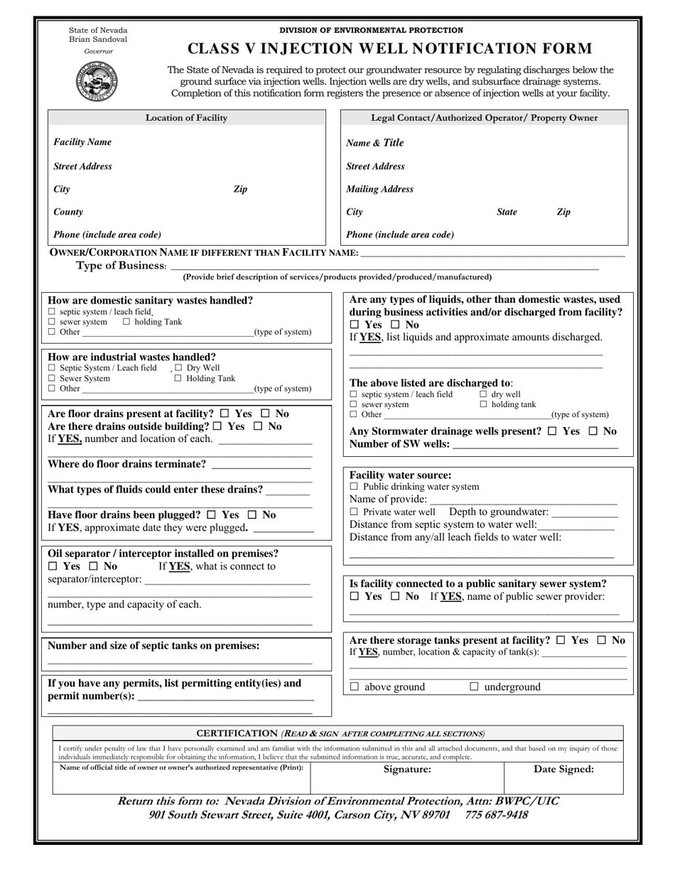 Class V Injection Well Notification Form - Nevada, Page 1