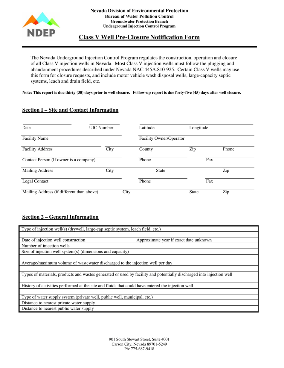 Class V Well Pre-closure Notification Form - Nevada, Page 1