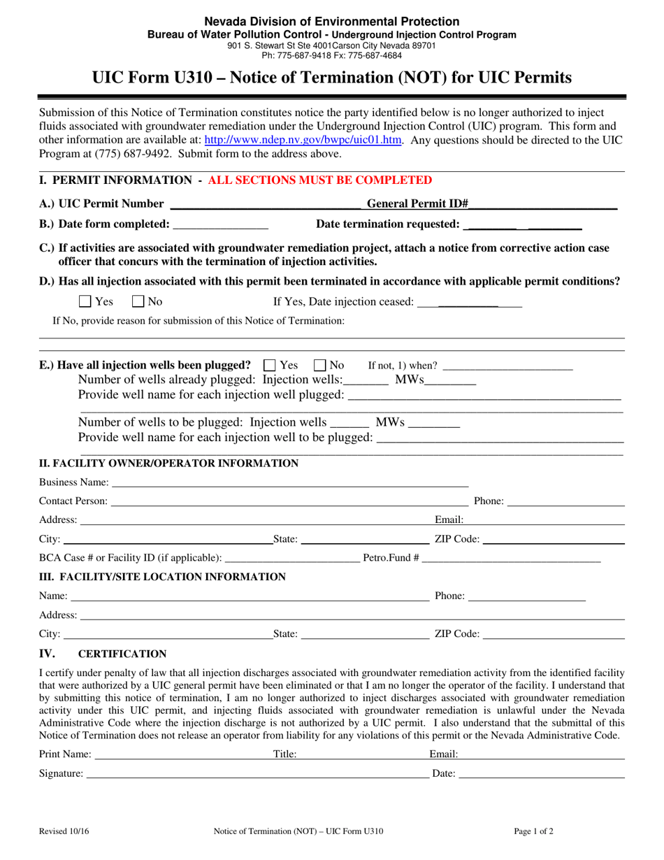 UIC Form U310 Notice of Termination (Not) for Uic Permits - Nevada, Page 1