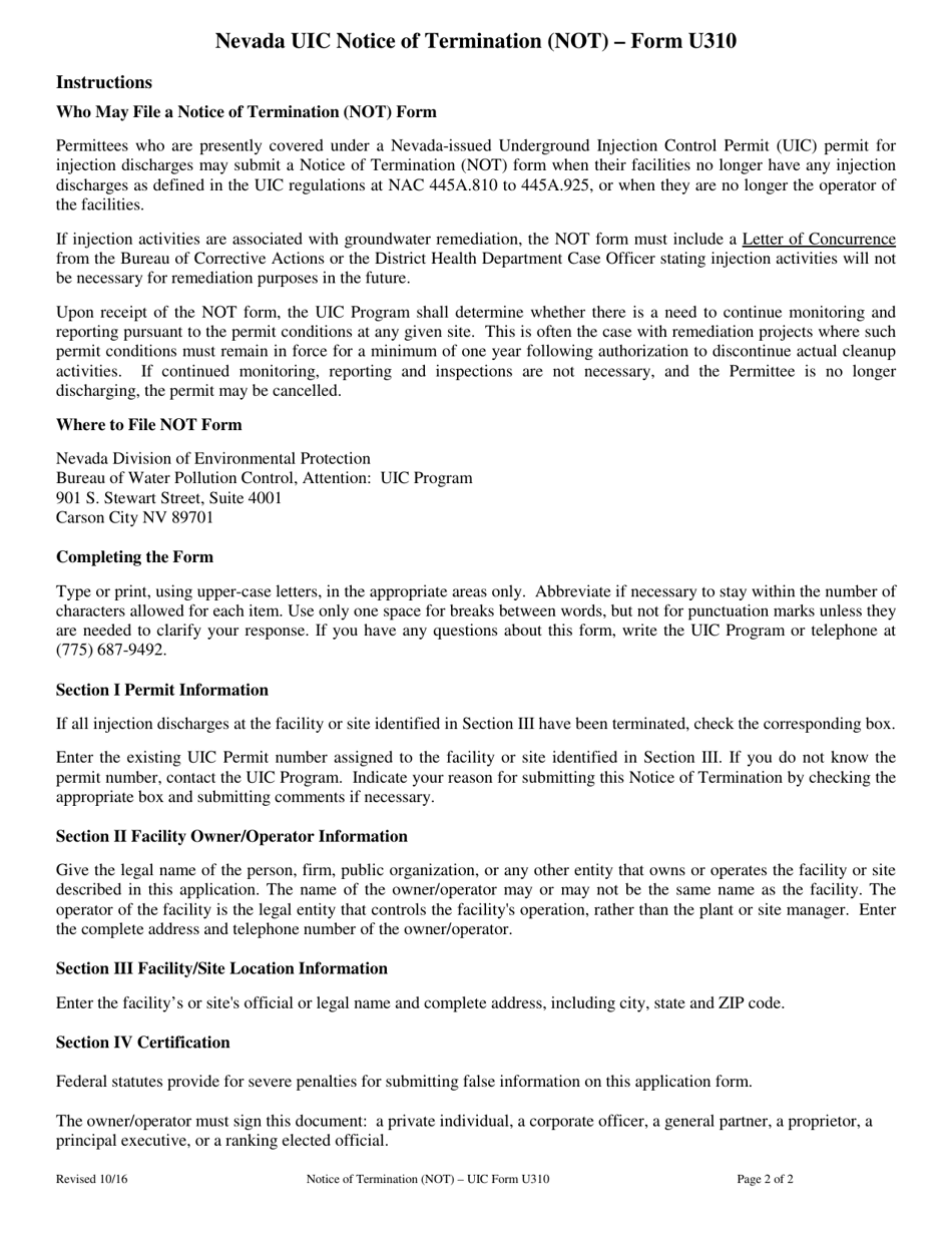 UIC Form U310 Notice of Termination (Not) for Uic Permits - Nevada, Page 2