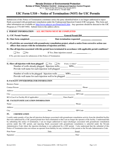 UIC Form U310 Notice of Termination (Not) for Uic Permits - Nevada
