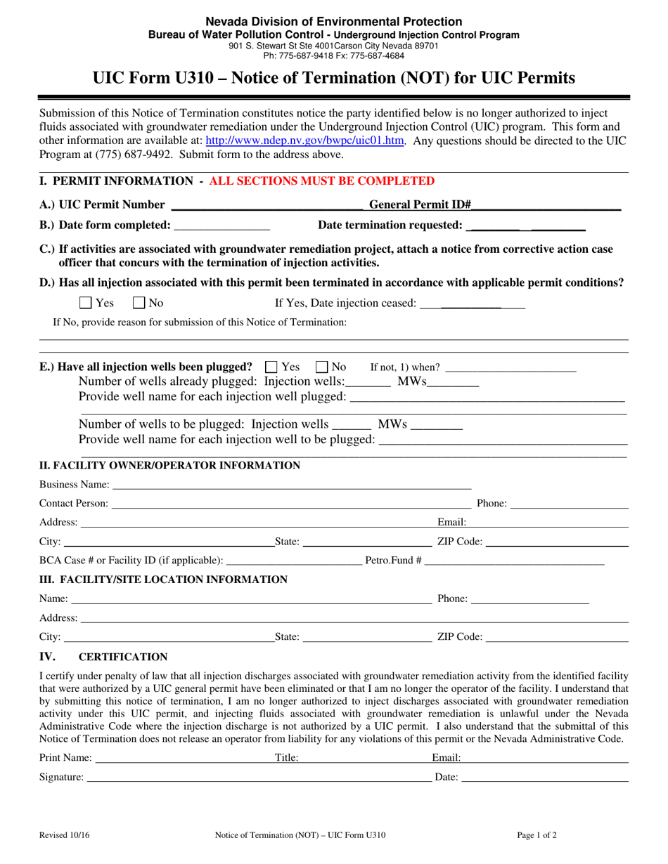 Uic Form U310 Fill Out Sign Online And Download Printable Pdf Nevada Templateroller 9683