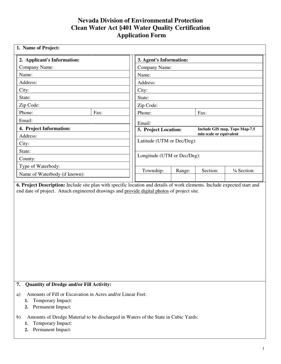 Clean Water Act Section 401 Water Quality Certification Application Form - Nevada, Page 1