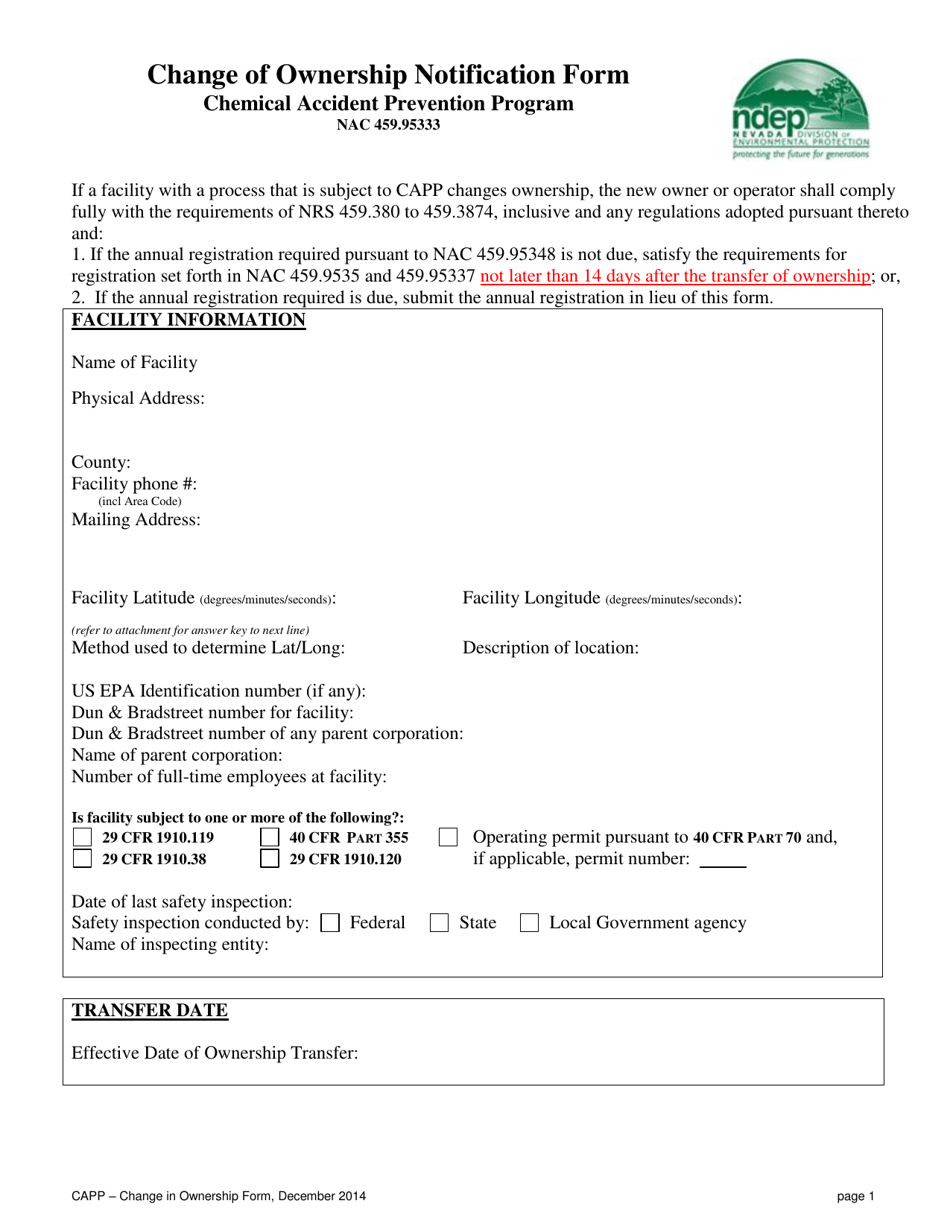 Change of Ownership Notification Form - Chemical Accident Prevention Program (Capp) - Nevada, Page 2