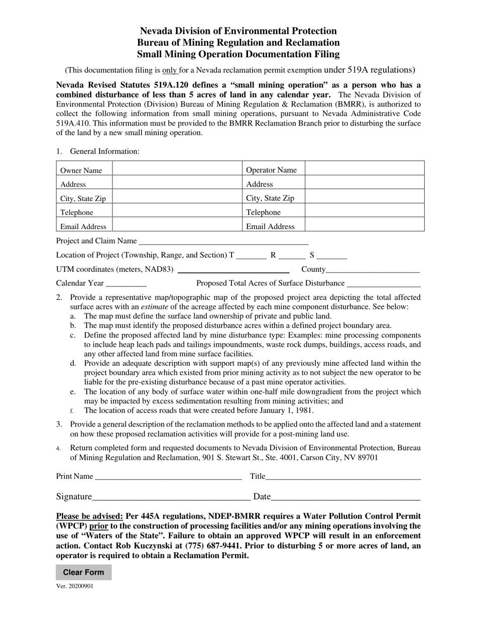 Small Mining Operation Documentation Filing - Nevada, Page 1