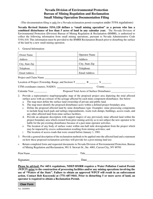 Small Mining Operation Documentation Filing - Nevada Download Pdf