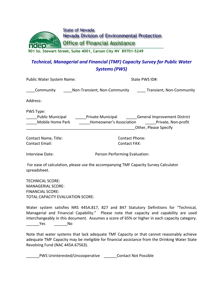 Technical, Managerial and Financial (Tmf) Capacity Survey for Public Water Systems (Pws) - Nevada, Page 1