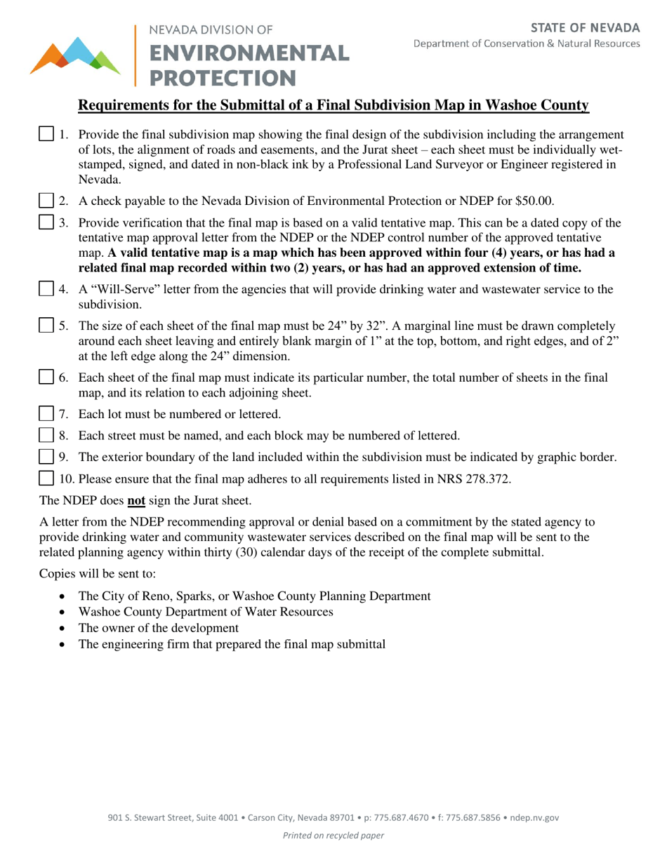 Requirements for the Submittal of a Final Subdivision Map in Washoe County - Nevada, Page 1
