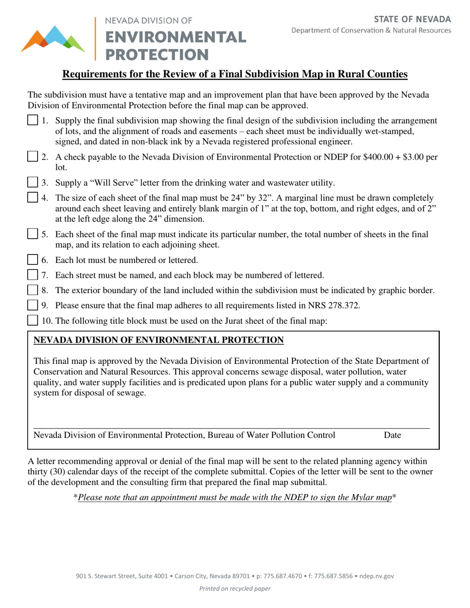 Nevada Requirements for the Review of a Final Subdivision Map in Rural