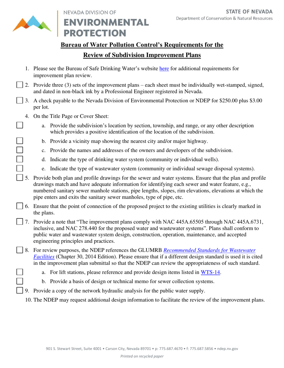 Bureau of Water Pollution Controls Requirements for the Review of Subdivision Improvement Plans - Nevada, Page 1