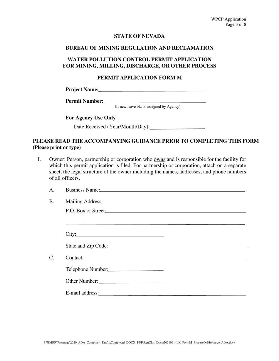 Form M Water Pollution Control Permit Application for Mining, Milling, Discharge, or Other Process - Nevada, Page 3
