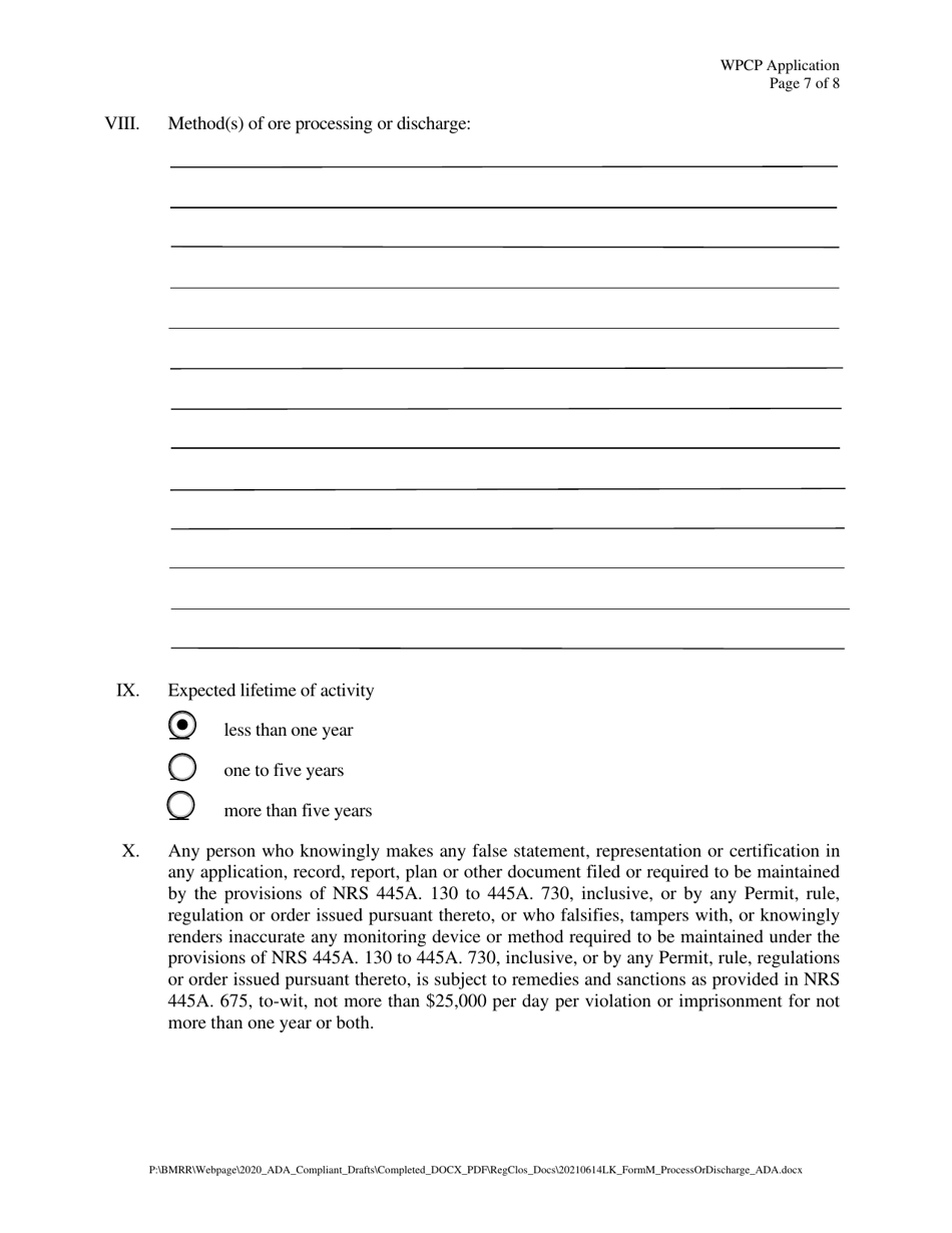 Form M Water Pollution Control Permit Application for Mining, Milling, Discharge, or Other Process - Nevada, Page 7