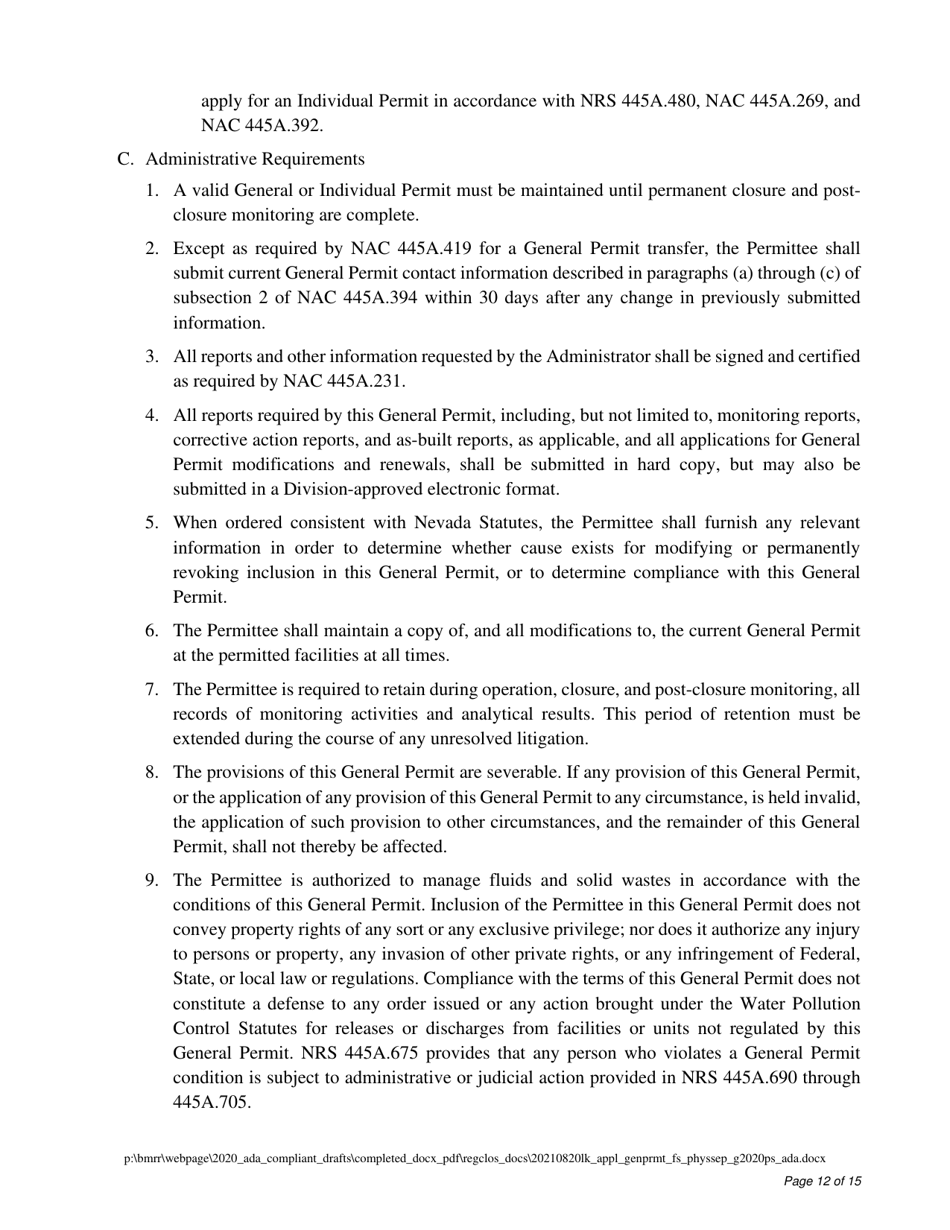 Water Pollution Control General Permit Application for Physical Separation Facilities - Nevada, Page 12