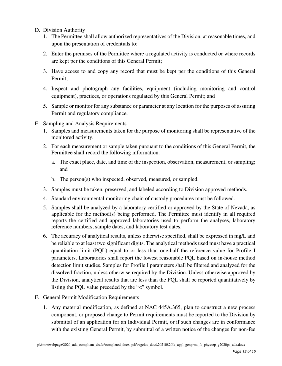 Water Pollution Control General Permit Application for Physical Separation Facilities - Nevada, Page 13