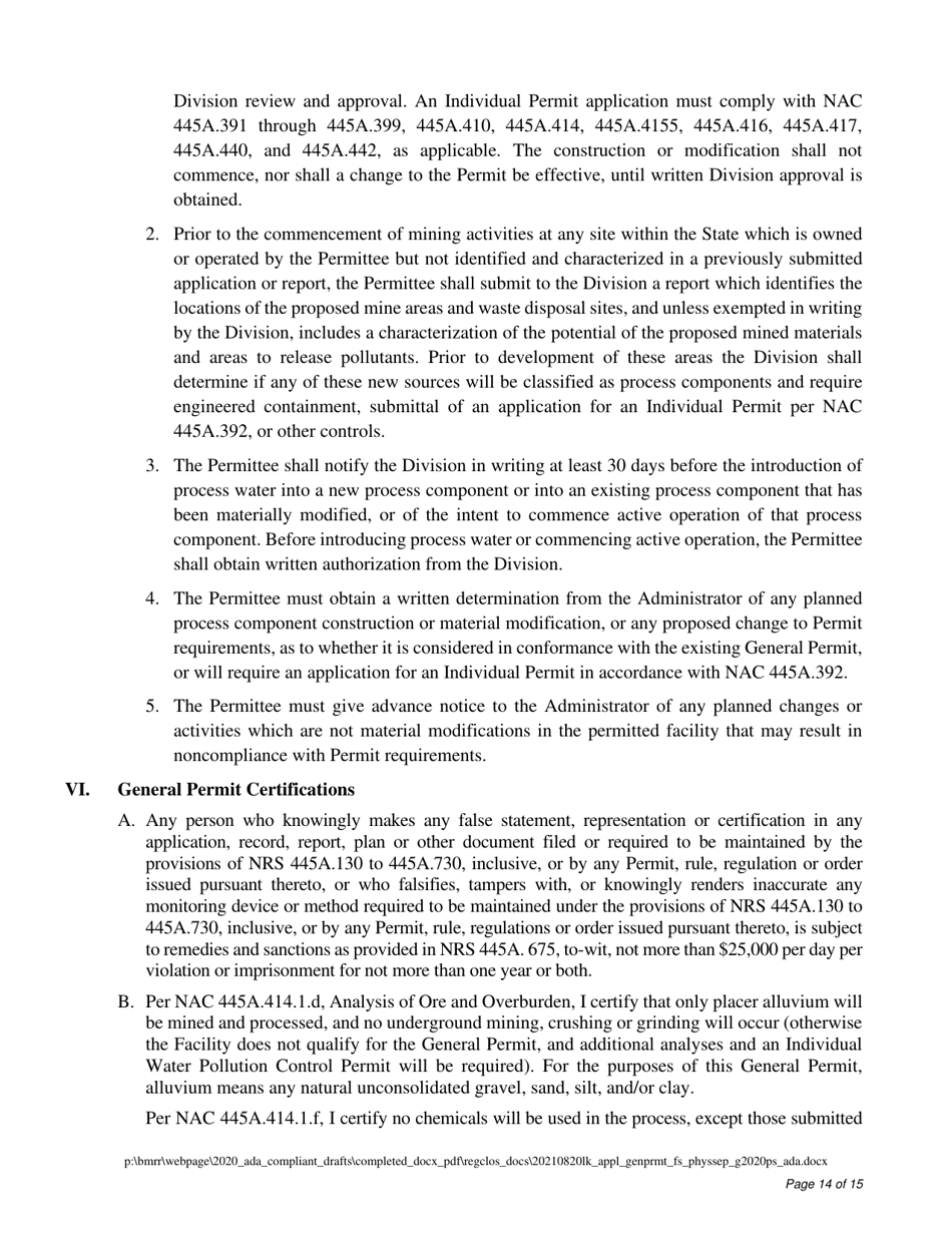 Water Pollution Control General Permit Application for Physical Separation Facilities - Nevada, Page 14