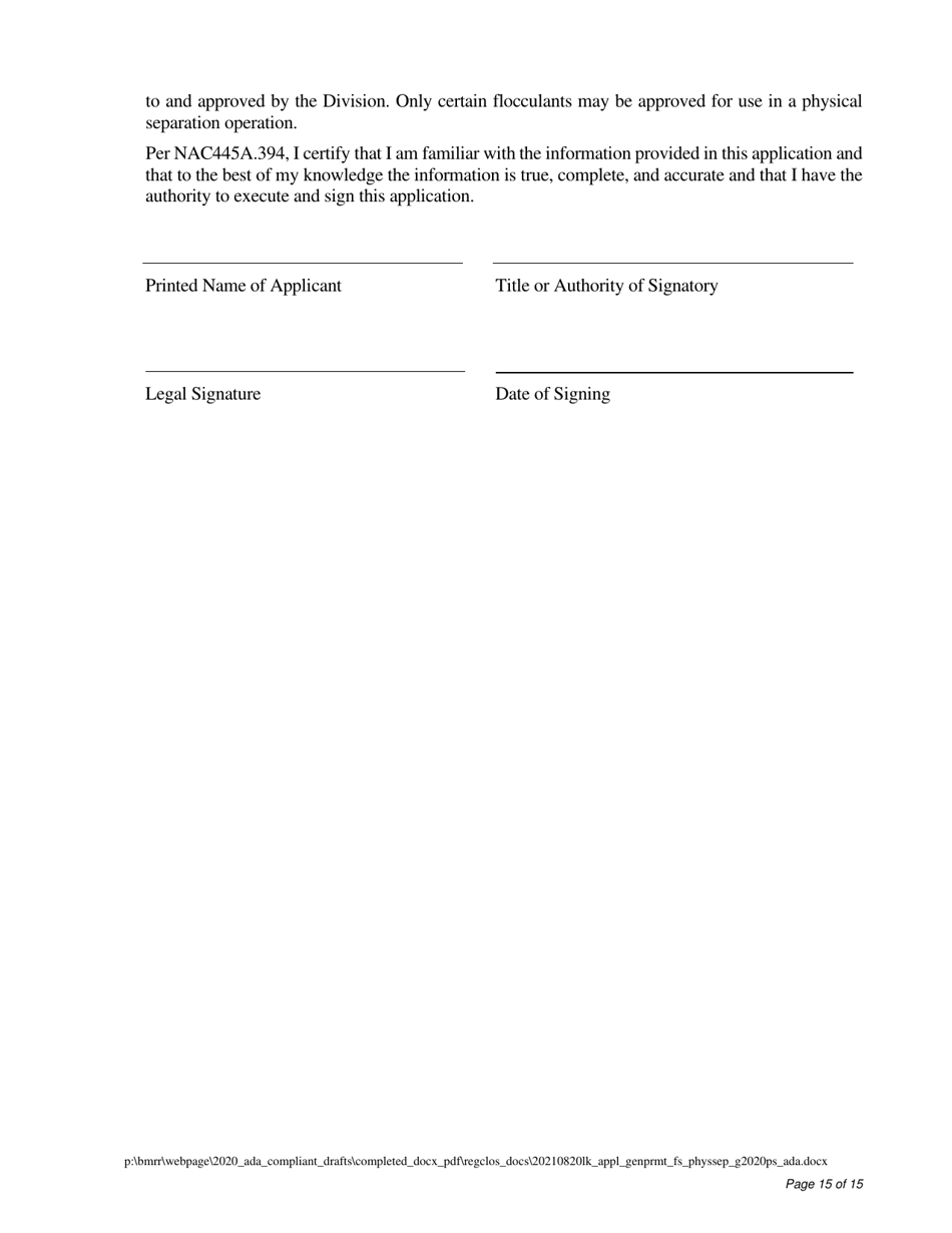 Water Pollution Control General Permit Application for Physical Separation Facilities - Nevada, Page 15