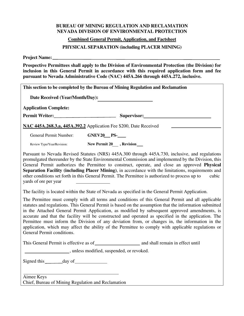 Water Pollution Control General Permit Application for Physical Separation Facilities - Nevada, Page 1