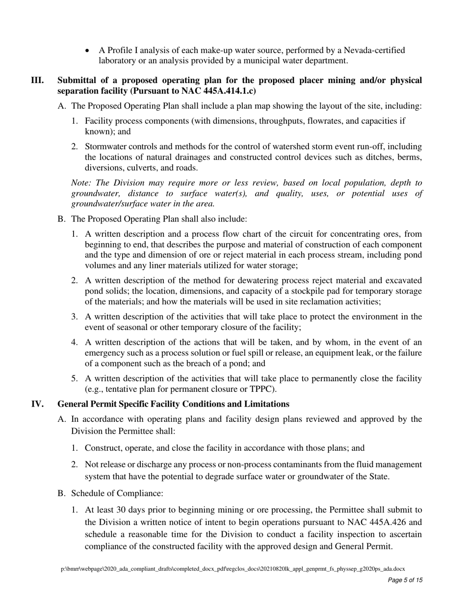 Water Pollution Control General Permit Application for Physical Separation Facilities - Nevada, Page 5