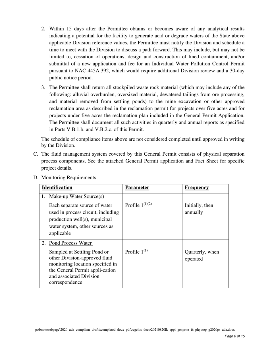 Water Pollution Control General Permit Application for Physical Separation Facilities - Nevada, Page 6