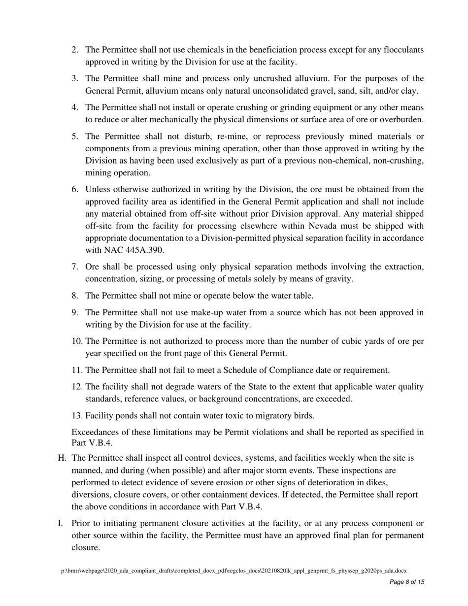 Water Pollution Control General Permit Application for Physical Separation Facilities - Nevada, Page 8