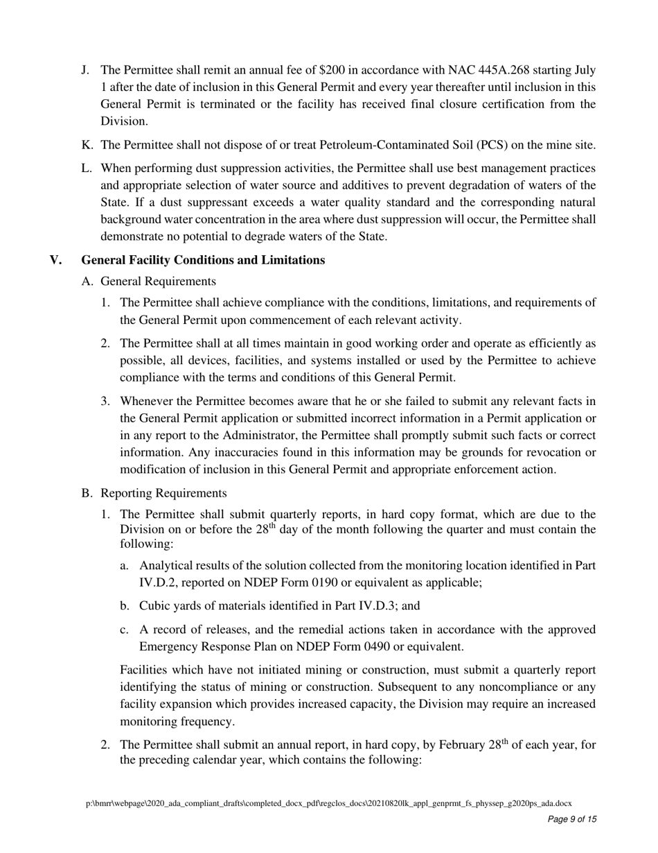 Water Pollution Control General Permit Application for Physical Separation Facilities - Nevada, Page 9
