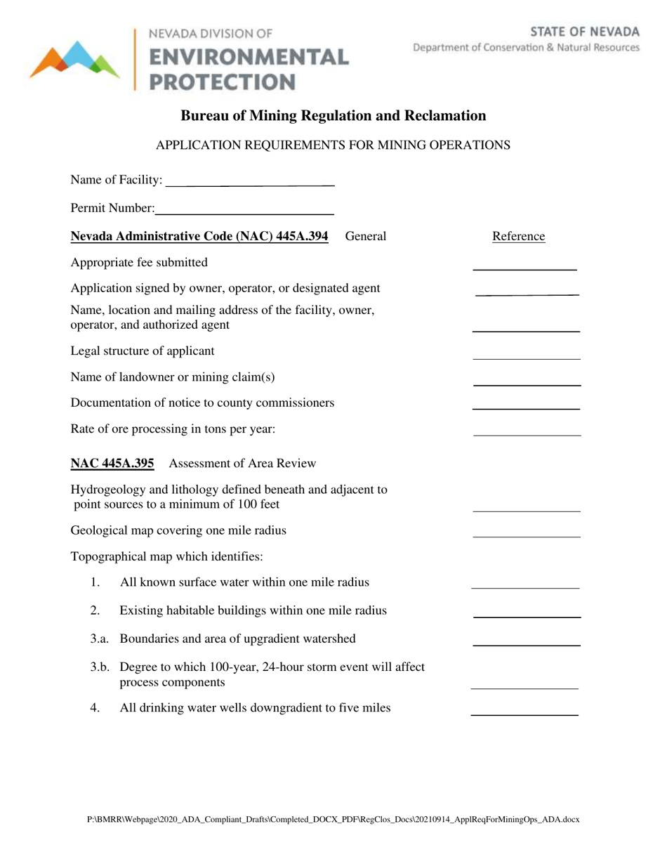 Application Requirements for Mining Operations - Nevada, Page 1