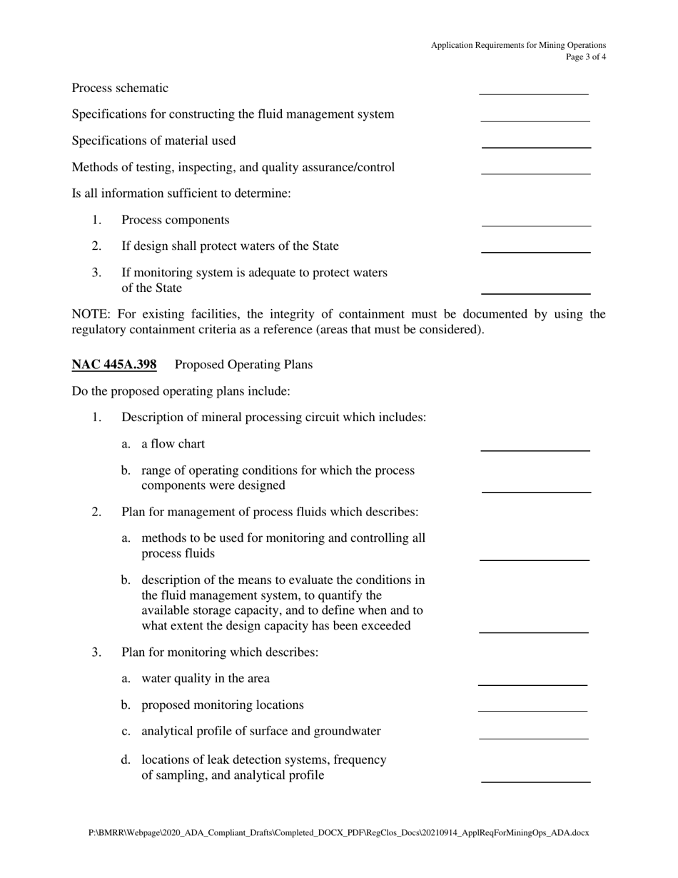 Application Requirements for Mining Operations - Nevada, Page 3