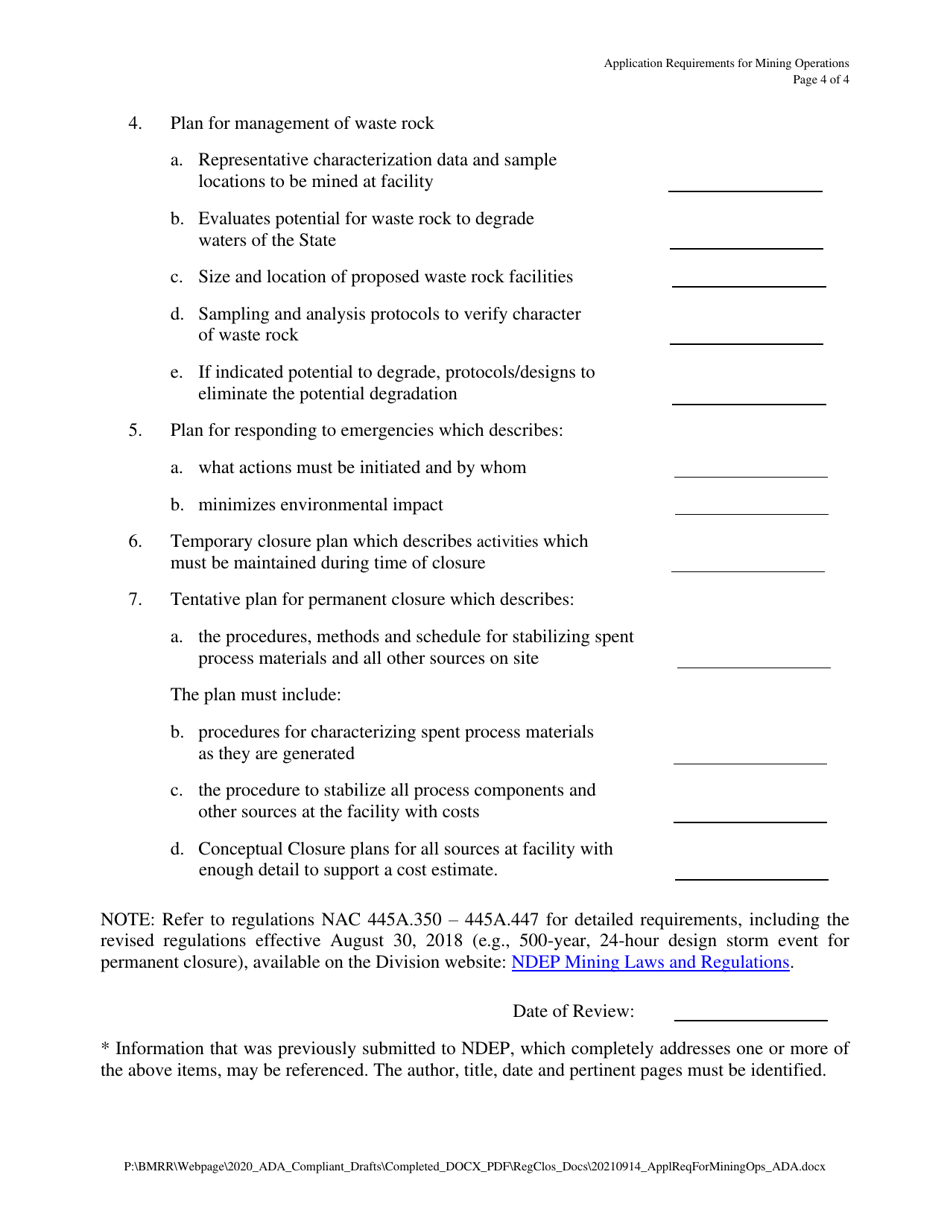 Application Requirements for Mining Operations - Nevada, Page 4