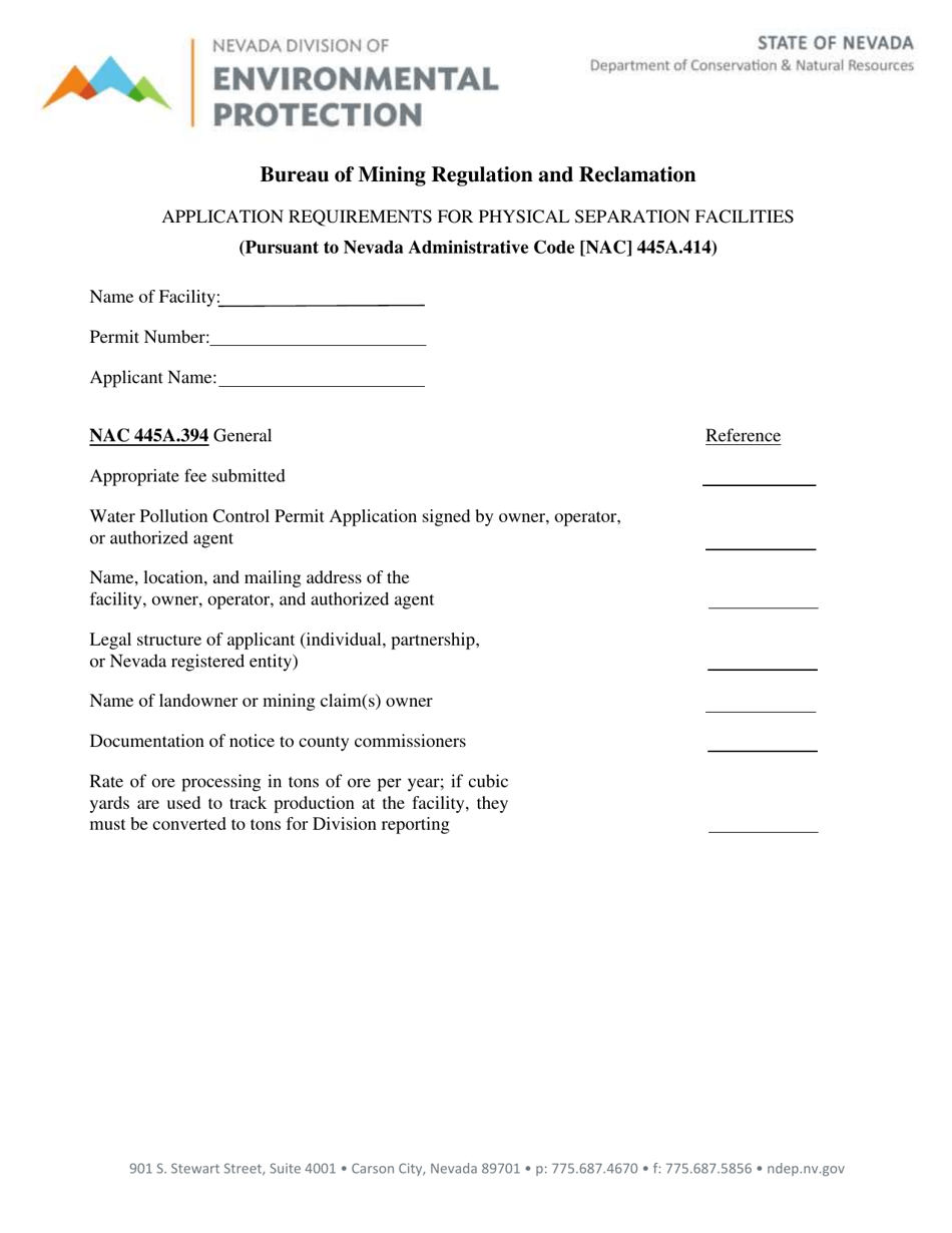 Application Requirements for Physical Separation Facilities - Nevada, Page 1
